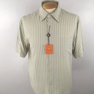 Toscano silk shirt 100% silk short sleeves beige blue stripes all silk luxury